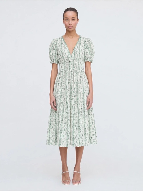 Hill House Dresses & Skirts - Hill House Green and White Sabrina Floral Midi Dress with Puff Sleeves